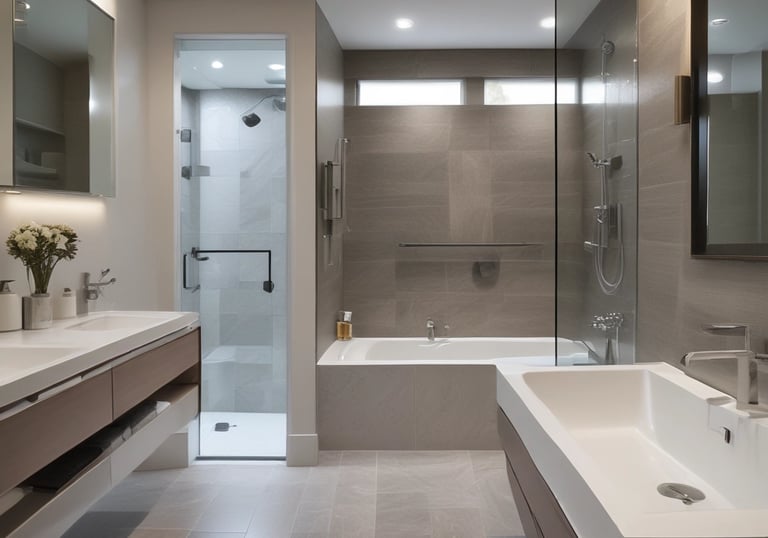 Modern bathroom with clean lines, neutral tones, and elegant fixtures.
