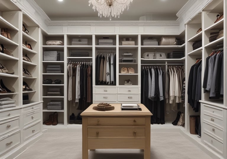 Organized walk-in closet with light wood finishes and soft natural lighting.