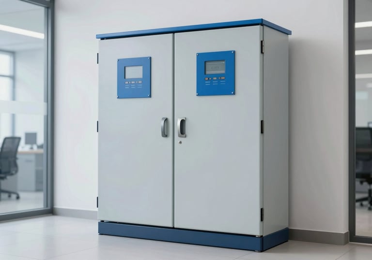 A sleek, newly installed electrical compensation panel inside a clean, modern corporate building in a Turkish / Anatolian city. The composition is professional and clean, using the brand's sky blue and pale grey tones.