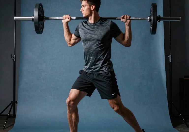 Dynamic sports photography of a professional workout in a private studio. Low-key lighting creates high contrast on a steel blue backdrop. High-end equipment, professional athlete, North American / Canadian style.