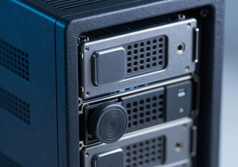 Clean and professional macro shot of a modern computer server indicating high technology and efficiency, dark blue and grey tones, sharp focus.