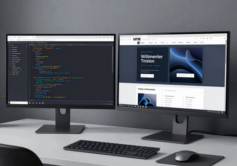 A professional desk setup featuring dual monitors displaying website code and graphic design assets. The style is very clean, utilizing a palette of cool gray and dark slate. The lighting is realistic and soft, typical of a professional UK-based design studio. No faces.