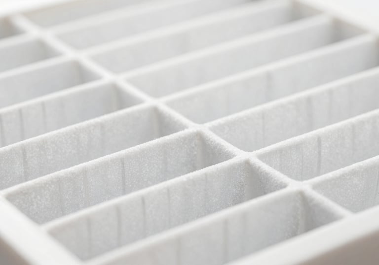 Macro shot of a clean, white AC air filter, symbolizing hygiene and pure air quality, bright and precise lighting.