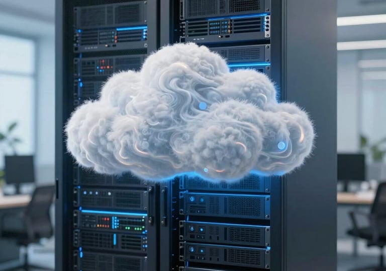 Conceptual image of cloud computing integration showing a bright server cabinet with soft blue and white lighting in a professional office.