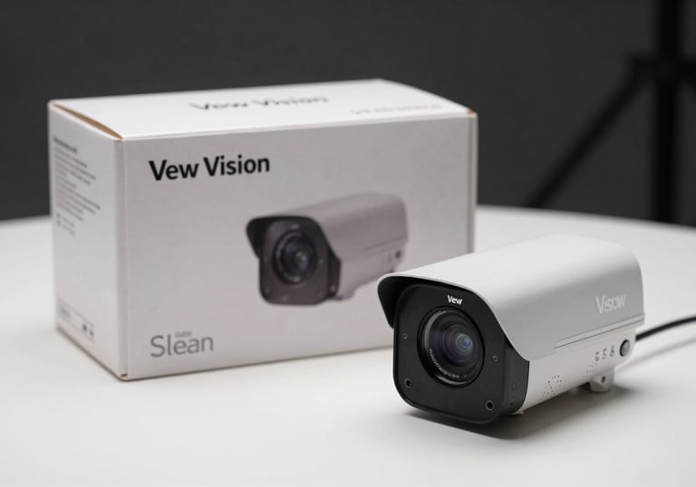 Clean product photography of a Vew Vision branded retail box and CCTV camera on a white surface, professional studio lighting, emphasizing a trustworthy and premium brand feel.