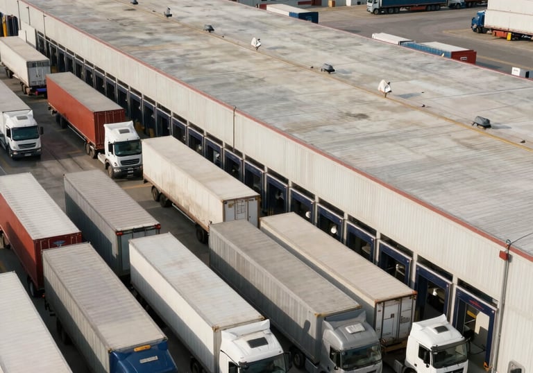 A high-angle architectural photograph of a North American / US logistics hub with trucks at loading docks, capturing a sense of industrial scale and efficiency.