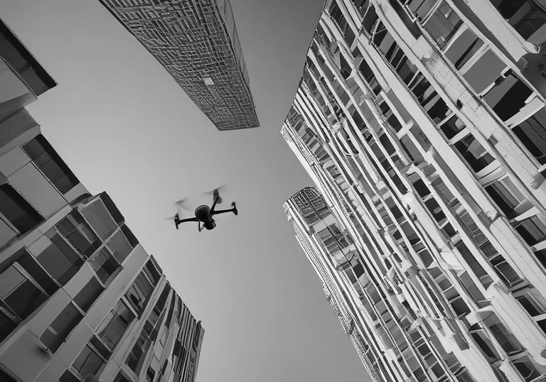A black and white image showing a filmmaker adjusting camera settings on location.