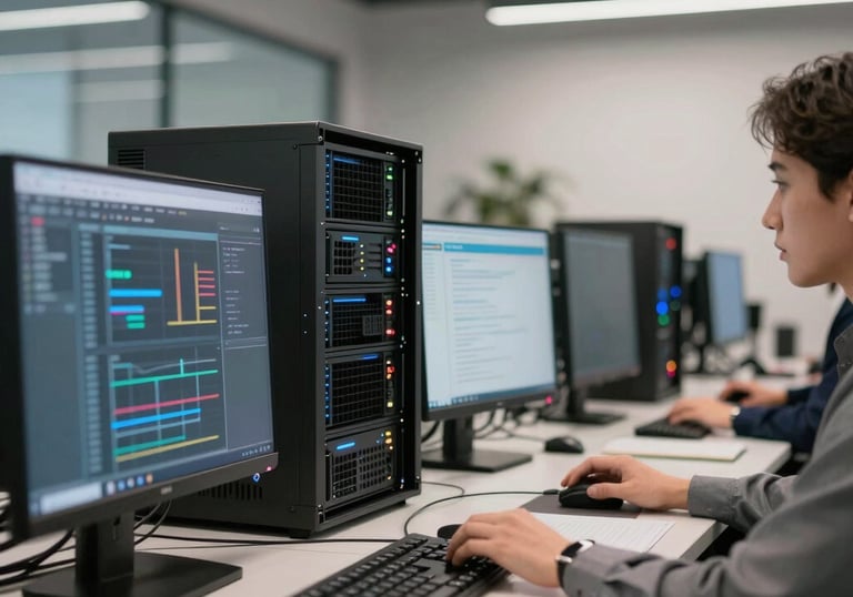 A modern, professional North American office space showcasing advanced computing systems and a focus on efficiency and strategic intelligence.