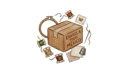 Ilustración de una caja de envío rodeada de herramientas de bordado para su entrega