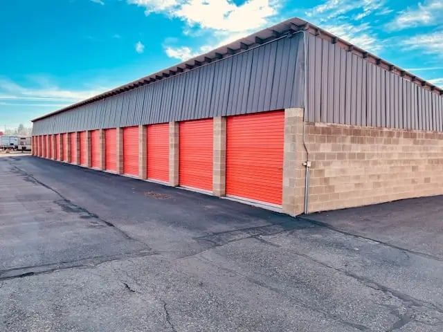 storage unit building with orange doors