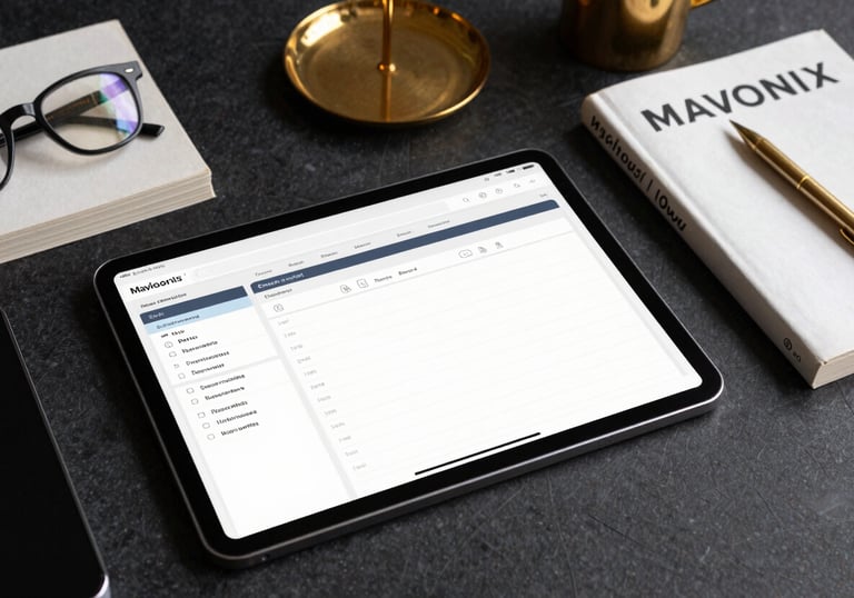 A modern and artistic workspace in Mexico City, showing a digital tablet with life-planning apps, a physical book titled MAVONIX, and elegant golden office accessories.