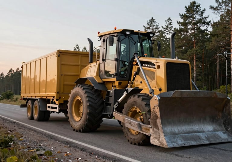 A massive low-boy trailer carrying a heavy bulldozer on a road through a Eastern European / Russian forest landscape, evening light.