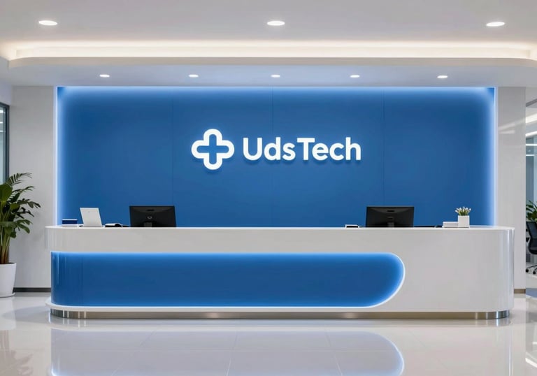 A high-end reception area of a medical tech company in the US, featuring minimalist design and professional blue lighting, reflecting innovation and trustworthiness.