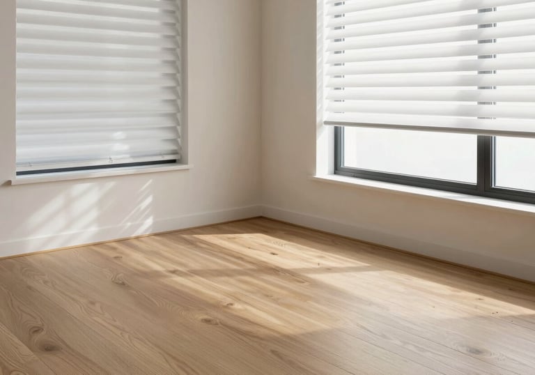 A bright living space showing integrated flooring and modern blinds. The design is contemporary Oceanic style, emphasizing the connection between different home improvement services like flooring and window treatments.