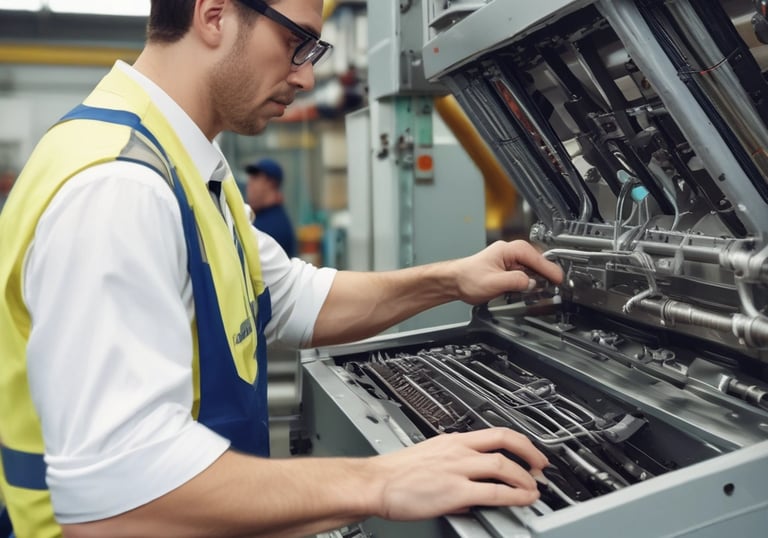 A close-up of hands inspecting a printing machine part with care.