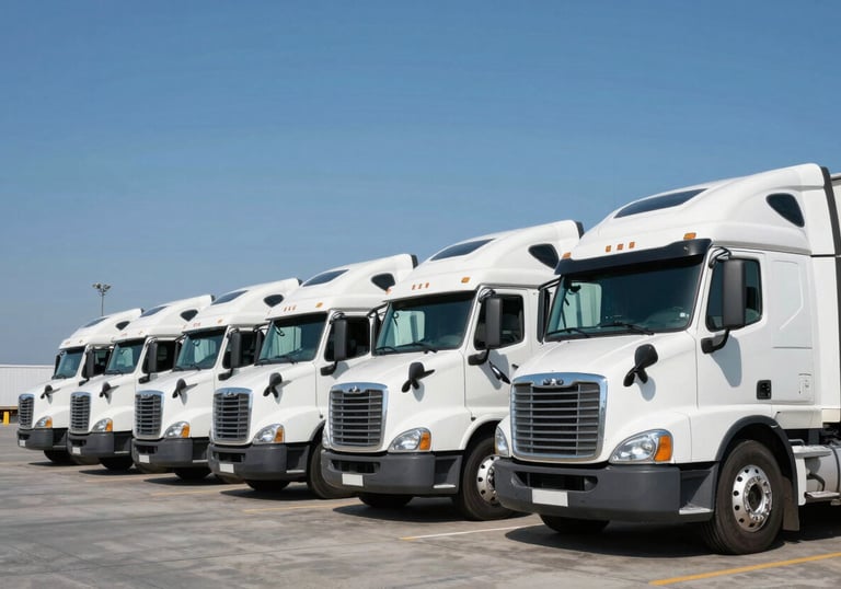 A long shot of a fleet of clean white semi-trucks parked in a tidy line at a logistics terminal under a vast Steel Blue sky.