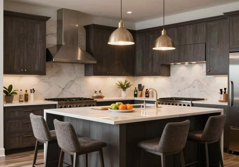A completed luxury kitchen transformation in a North American home featuring an expansive island with breakfast seating and designer pendant lighting.
