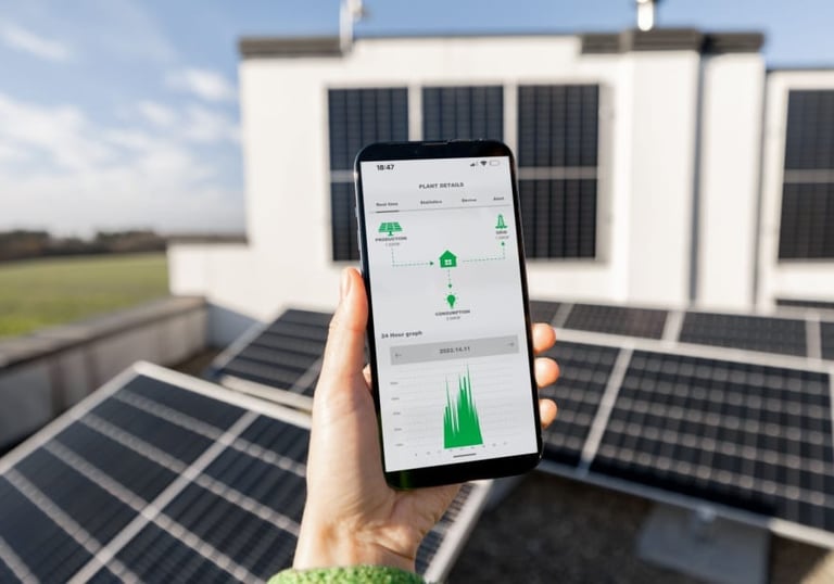 A hand holds a smartphone displaying a solar energy monitoring app in front of rooftop solar panels.