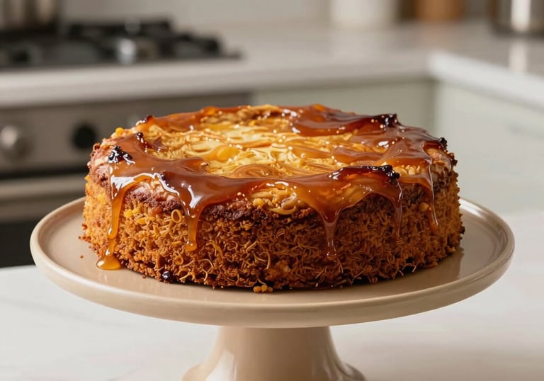 A full, round cassava cake displayed on a minimalist sandy tan cake stand. The cake has a beautiful caramelized top. Shot in a bright, modern North American kitchen setting.
