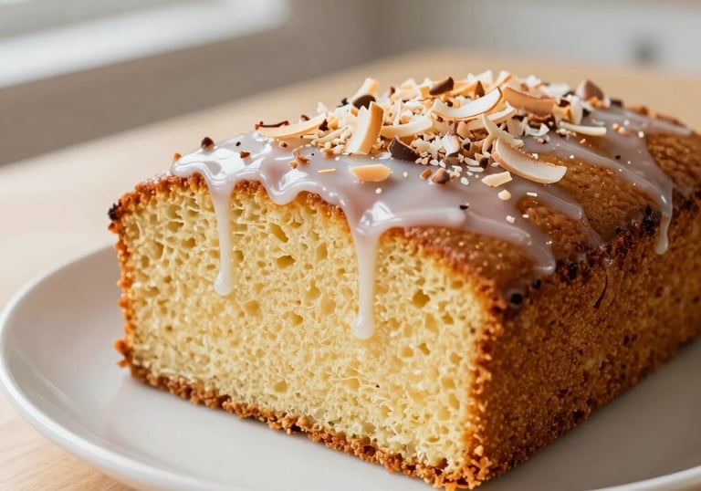 A close-up, high-angle shot of a beautifully sliced, golden-brown cassava cake, showing its moist, tender interior. The cake is topped with a glistening, subtly sweet coconut milk glaze and lightly toasted coconut flakes. It sits on a simple, elegant white plate on a light wooden surface. Soft, diffused natural light from a nearby window creates gentle shadows and highlights the cake's texture. The background is softly out of focus, suggesting a clean, modern North American kitchen setting. The image evokes warmth and deliciousness in a professional culinary photography style.