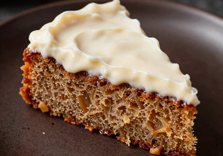 A macro food photography shot of a single slice of cassava cake on a dark cocoa ceramic plate. The texture of the grated yuca is visible and moist, topped with a thick layer of off-white cream.