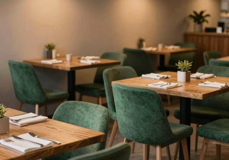 A cozy, Scandinavian-style North American restaurant interior featuring Matte Forest Green chairs, wooden tables, and warm twilight lighting.