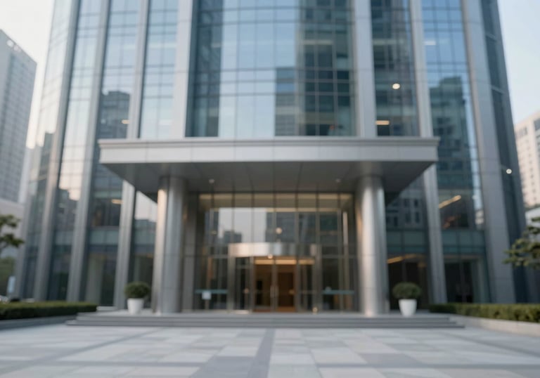 A sleek, modern corporate office skyline or building entrance, reflecting professionalism and a solid career path, in high-key lighting.