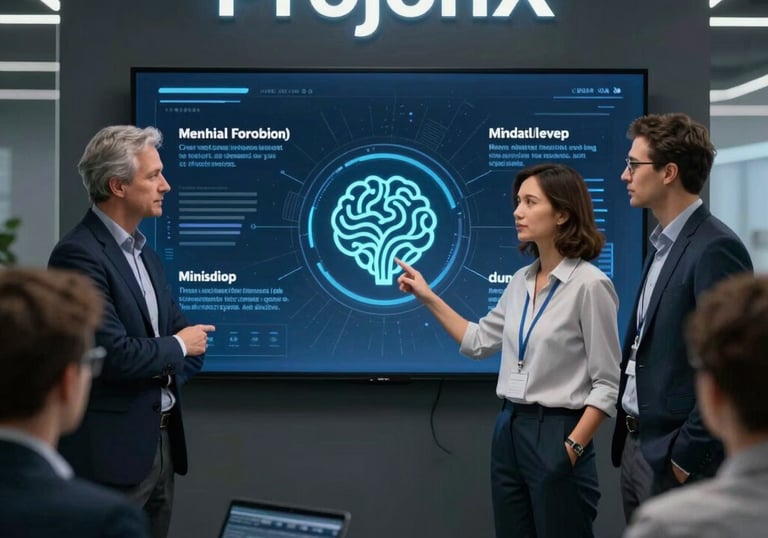 A sleek futuristic office with holographic data displays and a team collaborating on AI-driven business projects.