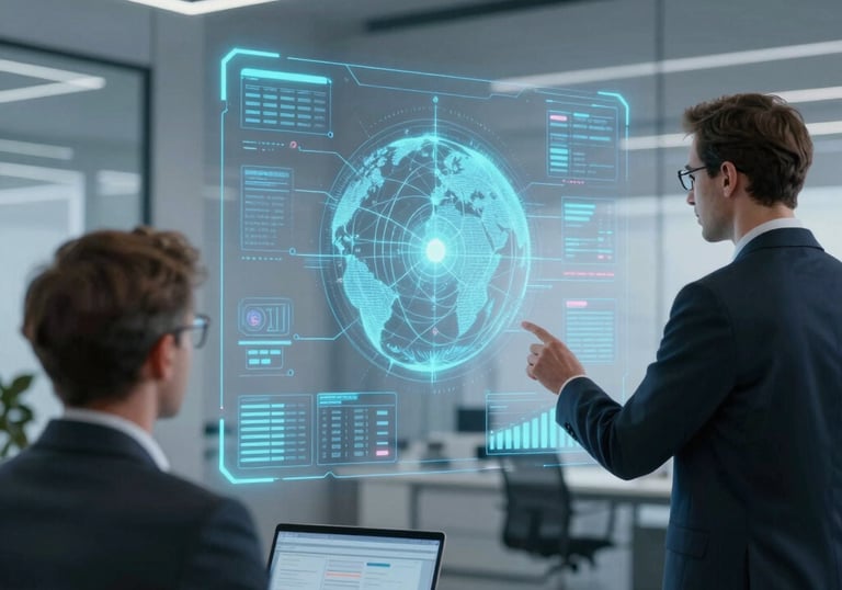 A modern workspace showing a mentor guiding a young entrepreneur with futuristic AI tools on screen.