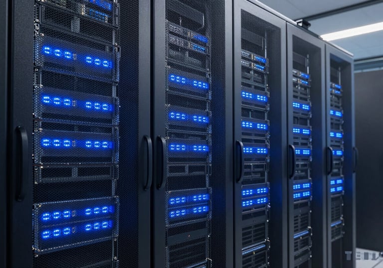 A clean, bright photograph of a modern server room with muted blue glowing lights, representing secure and advanced digital transformation infrastructure.