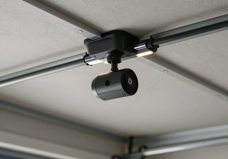A photograph of a modern, quiet belt-drive garage door opener installed on a residential garage ceiling, with clean wiring and LED lighting.