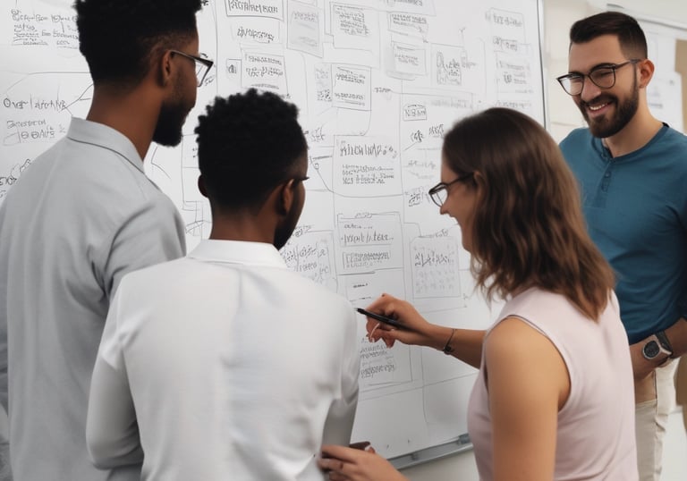 A diverse team collaborating around a whiteboard filled with agile workflow notes.