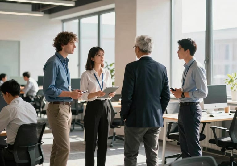 A striking corporate lifestyle photograph of a professional team collaborating in a modern coworking space in Estonia. Sunlight streaming in, clean lines, professional atmosphere.