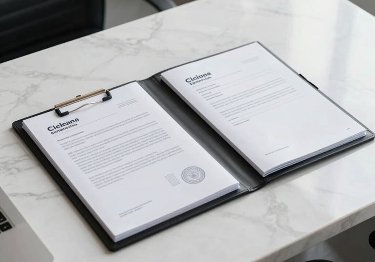 Professional photo representing corporate services: an elegant folder, high-quality documents, and identity paperwork resting on a sleek white marble desk in a bright office environment. Natural light, sophisticated styling.