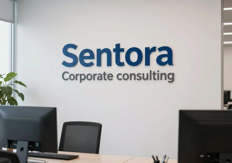 A high-end corporate photograph of clean office environments in Dubai, representing Sentora corporate consulting, bright lighting with subtle blue accents, professional.