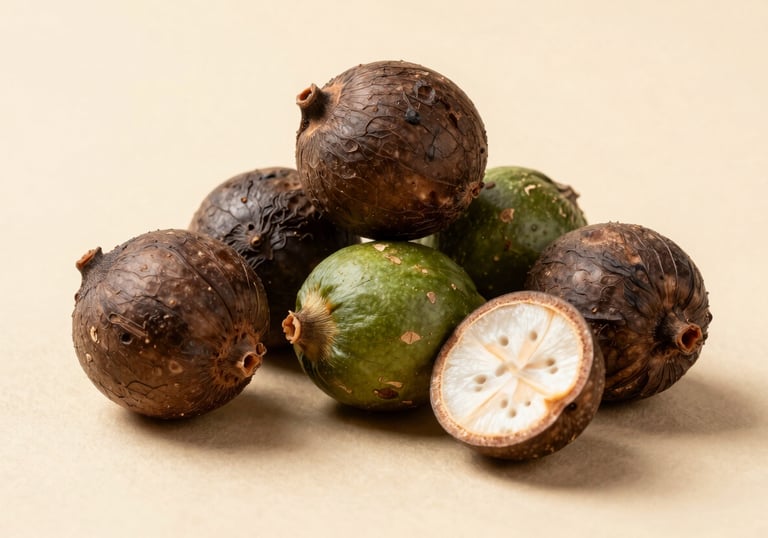 A studio photography shot of whole and split betel nuts (Areca catechu) on a minimalist beige background. The lighting is crisp and commercial, showcasing the product's dryness and sorted quality. Earthy brown and green tones.