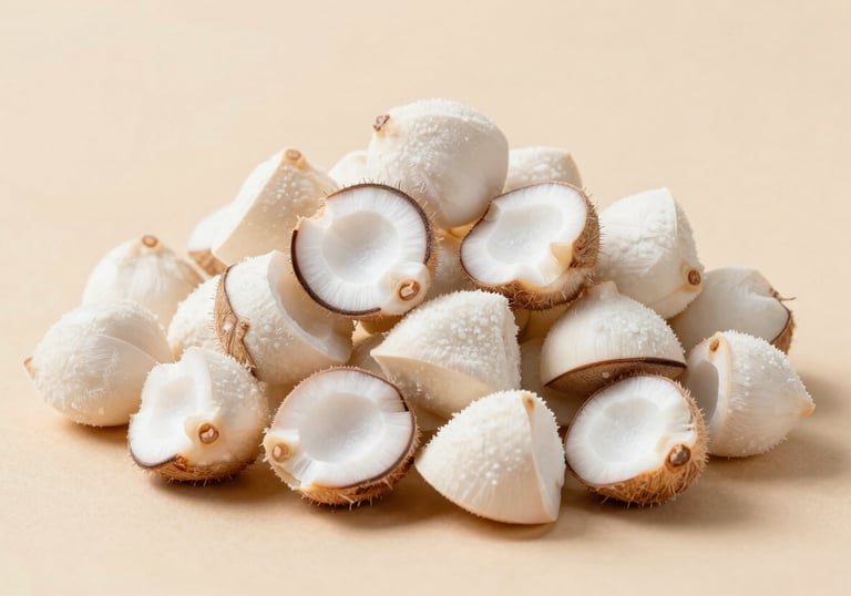 Clean, bright photography of dried coconut kernels (copra) piled elegantly. The focus is on the moisture-free texture and white interior of the kernels. Minimalist style with soft earth-tone backgrounds in a Southeast Asian / Indonesian setting.
