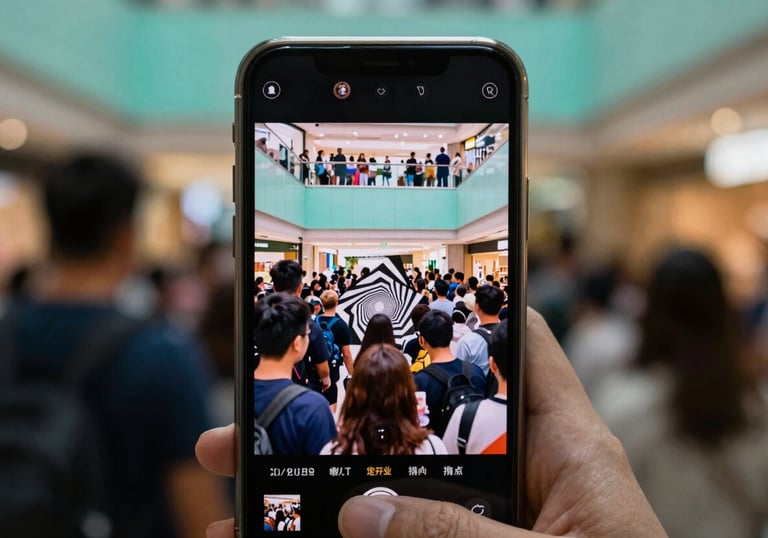 A high-quality photo of a smartphone screen displaying a viral video of a crowd gathered around an optical illusion at a mall, soft green and teal blurred background.