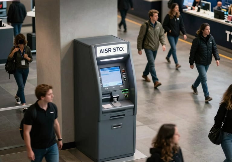 A high-angle shot of a busy North American stadium concourse with a sleek ATM unit clearly visible and people walking by, professional composition.