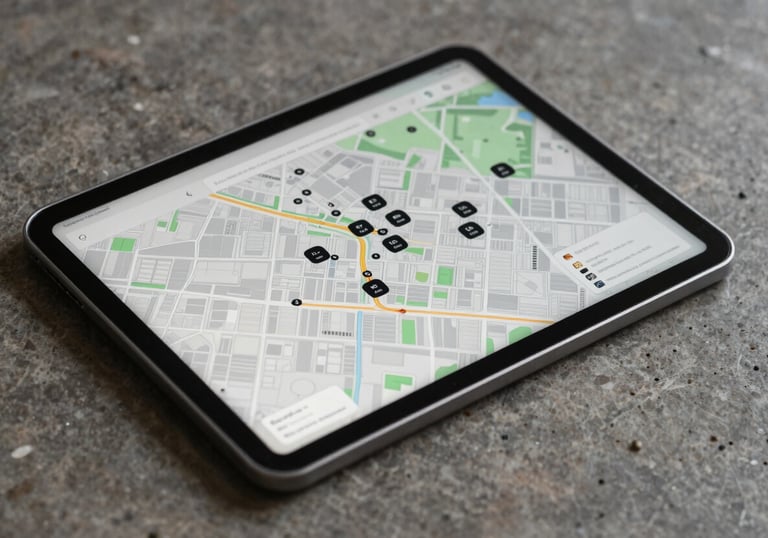 A photograph showing a digital tablet displaying a clean map with property markers, sitting on a stone-colored textured surface.