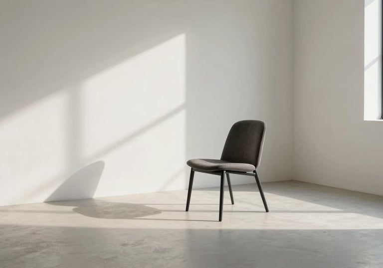 Photography of a modern interior featuring a single charcoal chair in a large off-white room with generous negative space and dramatic shadows.