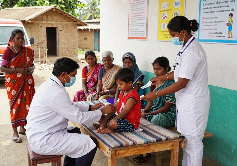 Volunteers distributing medical supplies during a health camp in a village.