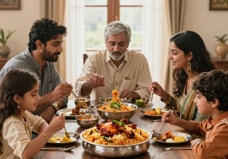 A happy family enjoying the biryani together around a dining table, showcasing warm moments and delicious food.