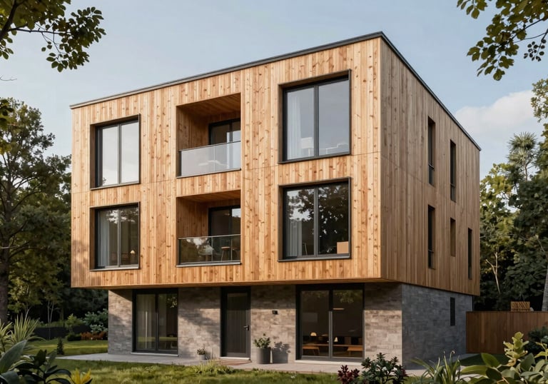 A photography shot of a modern residential building featuring large windows and sustainable timber cladding, surrounded by green trees in a Northern European landscape.