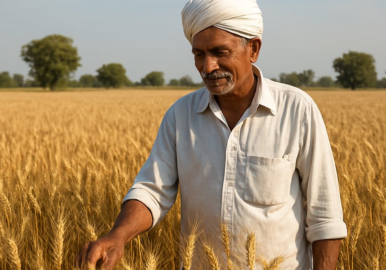 Contour lines and GNSS correction signals overlaid on a stylized Madhya Pradesh farmland mosaic.