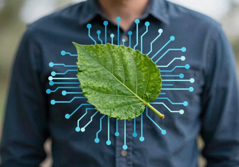 A symbolic image of a green leaf transforming into a digital circuit, representing the eco-friendly transition to paperless billing, using #ADC8CD and #2D545E.
