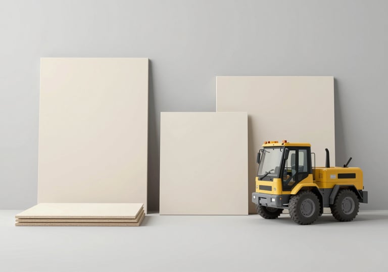 Sustainable construction materials and site equipment viewed in a clean, minimalist composition, featuring a palette of creams and greys.