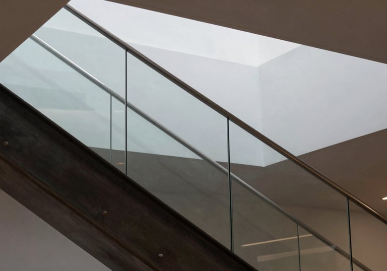 A close-up of a modern, minimal architectural staircase made of dark steel and glass. High-contrast lighting. Global / High-end corporate.