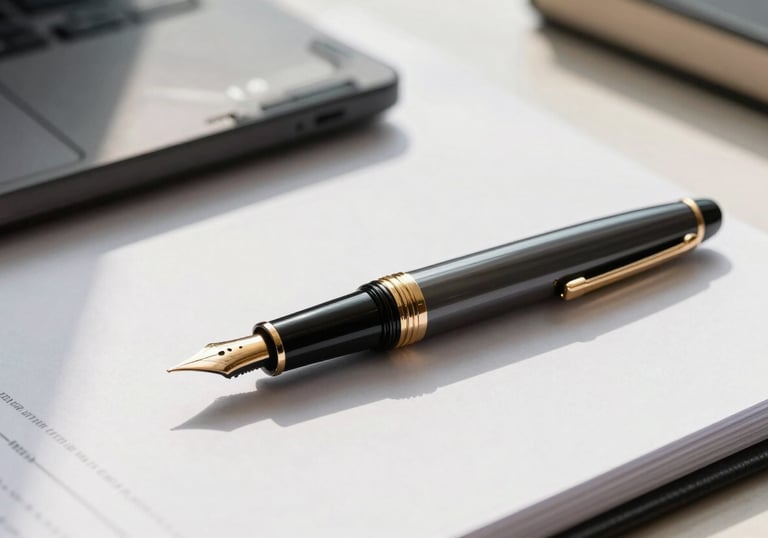 A sophisticated close-up of a high-end fountain pen resting on a leather-bound legal document in a bright, sunlit minimalist office. Soft gold and charcoal black tones. Global / High-end corporate.