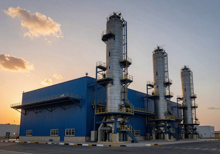 Exterior of a modern industrial facility in Dammam, Saudi Arabia, at sunset, warm sky contrasting with industrial blue and cloud grey steel beams.